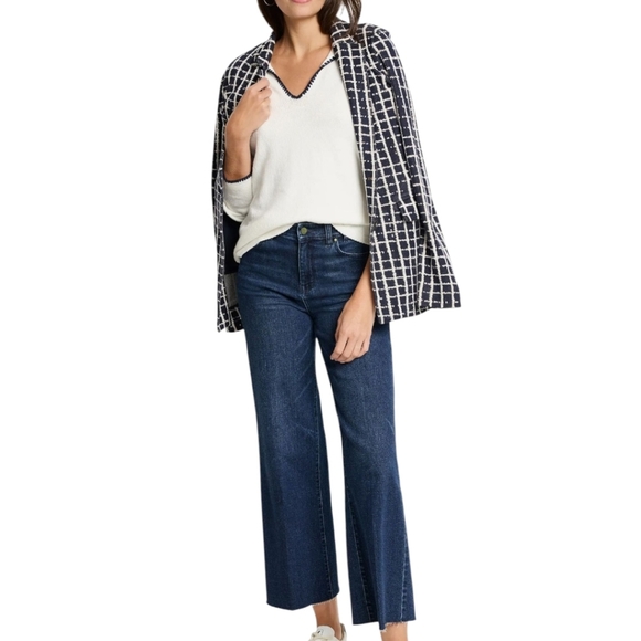 Nic+Zoe Painted Plaid Boyfriend Oversized Blazer Navy/White Knit Plus Size Sz 3x - Picture 2 of 12